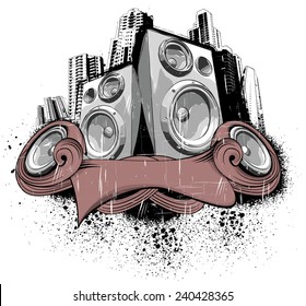 Grunge speakers with a grunge city background for music uses