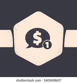 Grunge Speech bubble with dollar icon isolated on grey background. Badge for price. Sale with dollar symbol. Promo tag discount. Monochrome vintage drawing. Vector Illustration