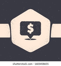 Grunge Speech bubble with dollar icon isolated on grey background. Badge for price. Sale with dollar symbol. Promo tag discount. Monochrome vintage drawing. Vector Illustration