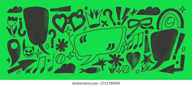 Grunge speech bubble doodle with inverted spanish punctuation mark. Hand drawn charcoal text boxes black frames with scribble set. Crayon flowers, callout textured shapes. Vector crown, stars, arrows.