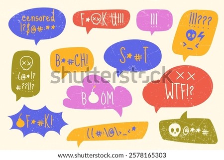 Grunge speech bubble set with censored swear words, negative comment, angry emotions and reactions, bad mood expression. Chat balloon shapes with exclamation scribble drawing vector illustration
