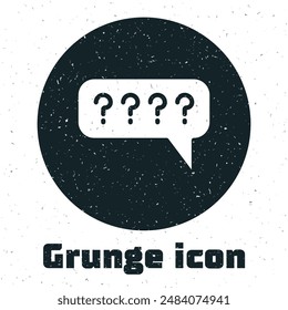 Burbujas de voz Grunge con el icono de pregunta aislado sobre fondo blanco. Signo de FAQ. Burbuja de voz de chat y gráfico. Dibujo vintage monocromo. Vector