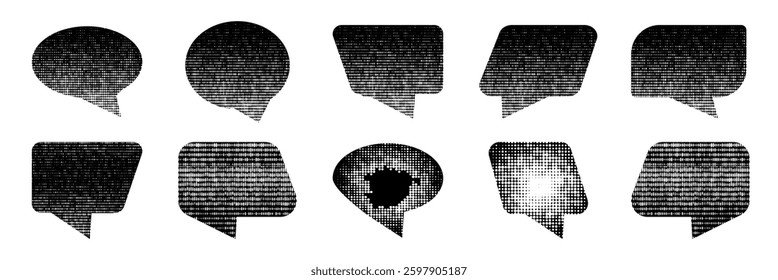 Grunge speech bubbles with snow and snowflakes decorations. Empty chat boxes set. Blank grunge comic books speech bubbles. 