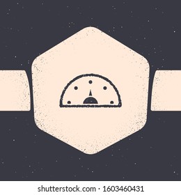 Grunge Speedometer icon isolated on grey background. Monochrome vintage drawing. Vector Illustration