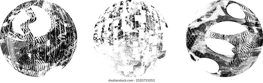 Coleção da esfera grunge. Círculos Grunge. Banners, insígnias, logotipos, esferas, rótulos e emblemas . texturas de angústia vetorial. Pacote em branco círculo texturizado formas, globos, bolas e esferas..