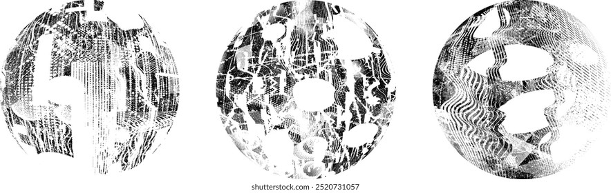 Coleção da esfera grunge. Círculos Grunge. Banners, insígnias, logotipos, esferas, rótulos e emblemas . texturas de angústia vetorial. Pacote em branco círculo texturizado formas, globos, bolas e esferas..