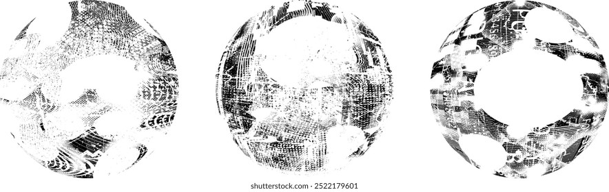 Coleção da esfera grunge. Círculos Grunge. Banners, insígnias , selos, esferas, rótulos e distintivos Set . texturas de angústia vetorial. Empacotar círculo em branco formas texturizadas, globos, bolas e carimbos.