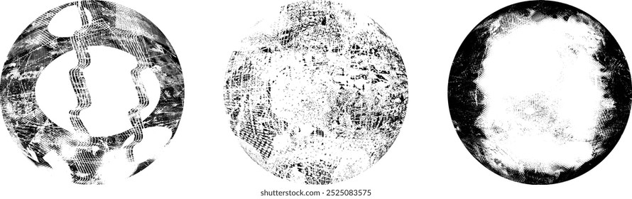 Coleção da esfera grunge. Círculos Grunge. Banners, insígnias , selos, esferas, rótulos e distintivos Set . texturas de angústia vetorial. Empacotar círculo em branco formas texturizadas, globos, bolas e carimbos.