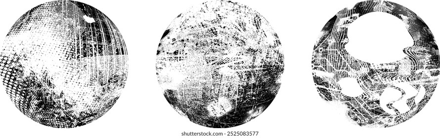 Coleção da esfera grunge. Círculos Grunge. Banners, insígnias , selos, esferas, rótulos e distintivos Set . texturas de angústia vetorial. Empacotar círculo em branco formas texturizadas, globos, bolas e carimbos.