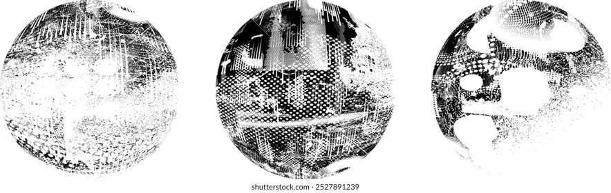Coleção da esfera grunge. Círculos Grunge. Banners, insígnias , selos, esferas, rótulos e distintivos Set . texturas de angústia vetorial. Empacotar círculo em branco formas texturizadas, globos, bolas e carimbos.