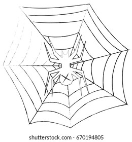Grunge spider in the web. Vector illustration on a white background.