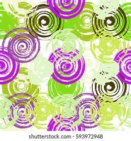 Grunge Spiral And round stamp seamless texture. Distress bright colorful brush painted circles endless pattern background. Urban grafiti template. EPS10 vector.