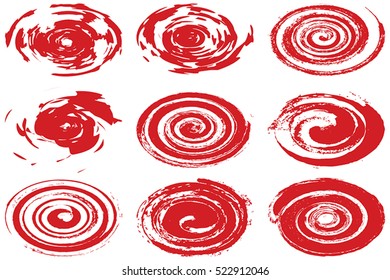 Grunge Spiral And round stamp set of red color for your design. EPS10 vector.