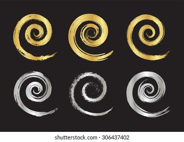 Grunge spiral set.Golden and silver spiral shapes.Vector logo design template.
