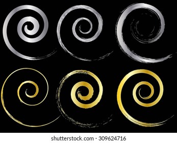 Grunge spiral set.Golden and silver spiral shapes.Vector logo design template.