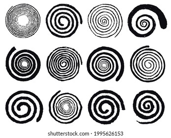 Grunge spirals. Swirling abstract simple rotating spirals, black ink spiral circles isolated vector illustration set. Vortex swirl elements and rotating hypnotize, psychedelic and hypnotic