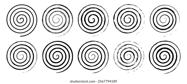 Grunge spirals. Vortex swirl elements. Spiral motion elements, spirals, black ink spiral circles isolated on white background _ Vector illustration	