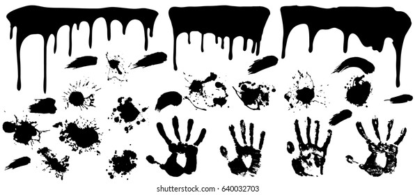 Grunge splash paint set brush dabs began to flow  blots hand prints big set  