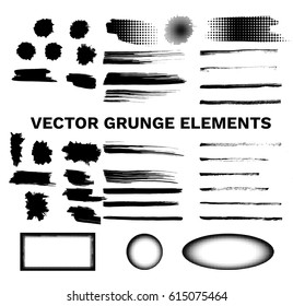 Grunge splashes, brush strokes, stripes and halftones vector set with hand painted textures. Graphic design elements for labels, banners, flyers