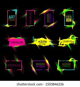 Grunge Splat Brush Ink Stroke Design Over Square Frame Vector Set