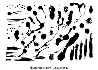 Grunge splatter. Collection of ink Brush Strokes. Set of Grunge Brushes. Dirty textures of banners, boxes, frames and design elements. Painted objects Isolated on white background