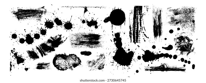 Grunge splatter doodle set with black paint ink splash and brush spray textures. Vector graphic elements with abstract stain patterns, watercolor effects and rough stroke shapes isolated on white.