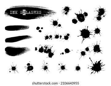 Grunge splatter. Paint splatter. Liquid stains. Grunge textures. Paint stain. Ink stains. Spray, scribble, scrawl. Collection of black paint, ink brush strokes vector elements for labels, logo or text