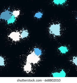 Grunge splatter pattern. Paint stains background. Ink splashes. Fabric design. Grunge spray drops. Liquid stains seamless pattern. Watercolor abstract vector.