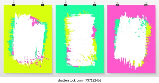 Grunge splatter posters set. Ink stains design elements. Spray splashes banners collection. Liquid stains covers. Business poster templates. Abstract vector illustration.