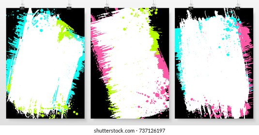 Grunge splatter posters set. Ink stains design elements. Spray splashes banners collection. Liquid stains covers. Business poster templates. Abstract vector illustration.