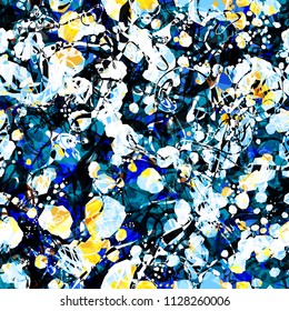 Grunge splatter seamless texture. Yellow, blue, white, black colors  Abstract vector background for web page, banners backdrop, fabric, home decor, wrapping