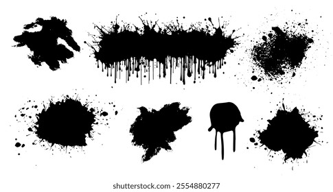 Grunge splatter set, black splashes. Graffiti template, paint shapes with spots