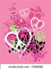 grunge splattered peace heart design with animal print background