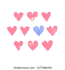 Grunge sponge print rough pink and blue hearts on white valentine's day card template, vector background