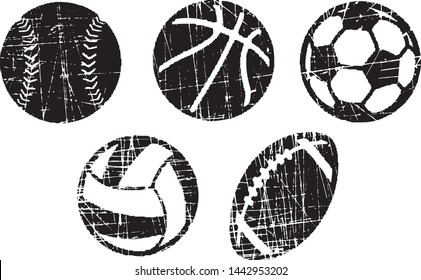 Grunge sport balls stamps collection. Can be used as Banners, Icons or Badges. Vector Distressed Textures Set. Blank Geometric Shapes. Vector Illustration. Black isolated on white background. EPS10.