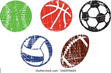 Grunge sport balls stamps collection. Can be used as Banners, Icons or Badges. Vector Distressed Textures Set. Blank Geometric Shapes. Vector Illustration. Balls isolated on white background. EPS10.