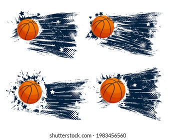 Grunge sport balls of vector basketball game design. Orange rubber balls, basketball team player equipment and court items on blue grunge background with halftone pattern and stars, sport competition