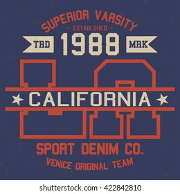 Grunge sport t-shirt graphic design, grange sport print stamp, California sport wear typography emblem, Creative design, Vector
