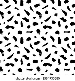 Grunge spots and brush strokes vector seamless pattern. Hand drawn ink dirty circles and line texture. Black paint dry brush blotches, smears background. Wrapping paper, fabric, wallpaper design