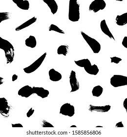 Grunge spots and brush strokes vector seamless pattern. Hand drawn ink dirty circles and line texture. Black paint dry brush blotches, smears background. Wrapping paper, fabric, wallpaper design