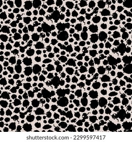 Grunge spots dots seamless pattern with random chaotic splashes blobs of black acrylic paint on surface. Ornament for printing on fabric, cover and packaging. Simple abstract minimalistic vector