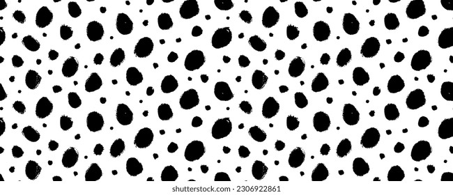 Grunge spots hand drawn vector seamless pattern. Blobs and blotches horizontal banner. Irregular organic dots and blots ornament. Cheetah spots black print. Seamless pattern with scattered round dots. svg