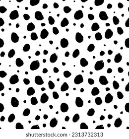 Grunge spots hand drawn vector seamless pattern. Blobs and blotches background. Irregular organic dots and blots ornament. Cheetah spots black print. Seamless pattern with scattered round dots. svg