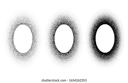 farbige Schablonen-ovale Rahmen. Gradient Tinte Splattdots Vorlage. Circle Graffiti schwarz Halftone Schablonen Rand einzeln auf weiß. Vektorillustration Spray Textur Illustration