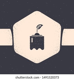Grunge Sprout in bottle icon isolated on grey background. Seed and seedling. Leaves sign. Leaf nature. Monochrome vintage drawing. Vector Illustration