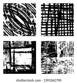 Grunge square artistic backgrounds for your design. Distressed brushed isolated textures set. EPS10 vector.