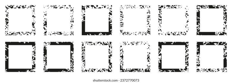 Grunge Square Border Set. Rough Texture Frame Collection. Paint Spray, Black Graffiti Edge Form. Dirty Edge with Splash Effect. Blank Retro Frame. Abstract Design. Isolated Vector Illustration.