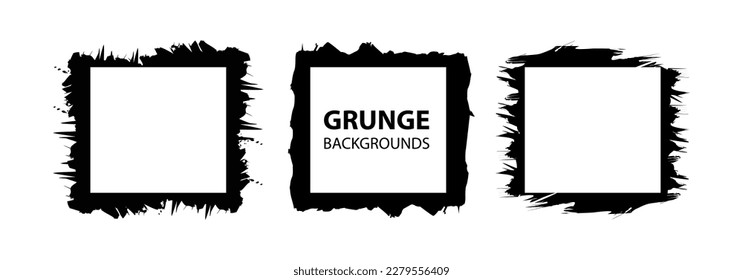 Grunge square frame elements set. Grunge textures collection brush strokes, banners, borders, splashes splatters. Vector Illustration.