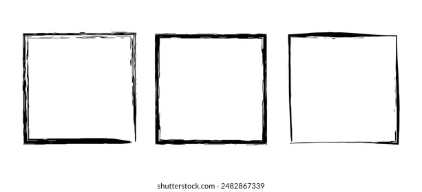 Grunge square frame set. Different paint brush border collection. Black chalk or ink rectangular uneven stroke design elements for banner, poster, flyer, brochure, cover. Vector carde