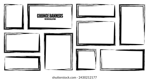 Grunge square frames, banners with stains and scratches. Brush stroke, rectangular shape design element. Distressed dirty text frame, border. Paintbrush, ink stains. Vector illustration